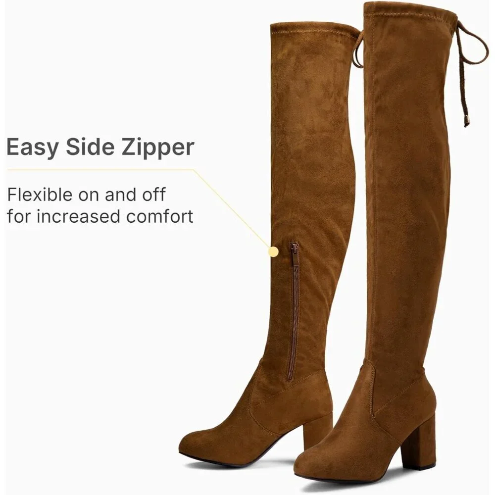 Women's Brown Suede Chunky Heels Zipper Over The Knee High Adjustable Boots